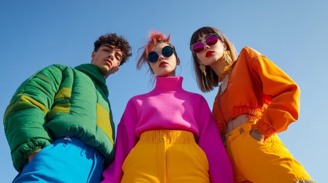 Fashionable young adults in colorful outfits under blue sky