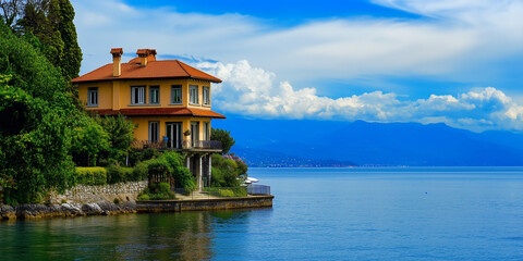 Obraz premium A Charming Lakefront Villa Nestled Under Bright Blue Skies. Travel vacation holiday inn seascape beautiful view