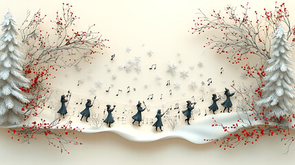 Winter Wonderland Scene with Singing Children and Musical Notes