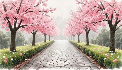 Naklejka premium Charming park alley paved with stone and lined with gorgeous pink cherry blossom trees