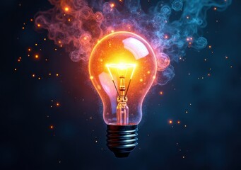 Bright bulb illuminates colorful sparks and swirling smoke in creative design