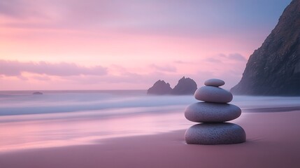 Balanced Stones at Sunset on a Serene Beach