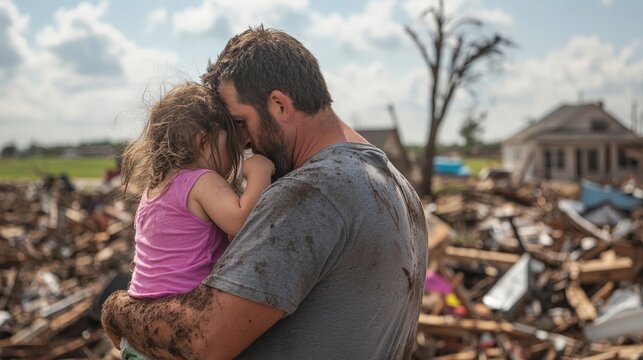Father comforting young daughter amidst tornado aftermath