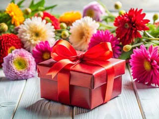 Colorful Gift Box with Red Ribbon and Asters Bow on White Table - Holiday Present