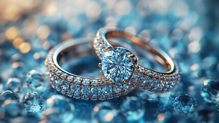 Elegant Diamond Rings on Shimmering Blue Background for Stock Use