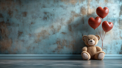 Cozy Teddy Bear with Heart Balloons Against Blue Background