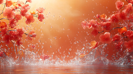 Serene Water Splash with Cherry Blossom Flowers in Background