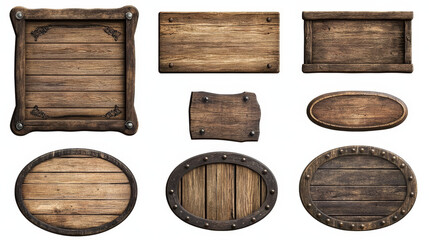 Wood texture sign board vector realistic banner set. Isolated rustic farm or saloon frame design. Empty signboard plaque template with nail, collection for menu or message. Brown oval signage