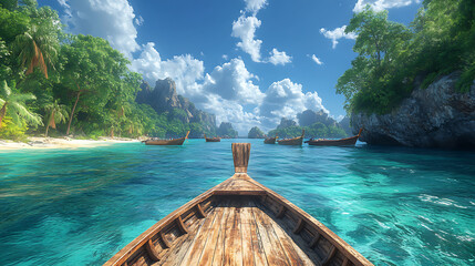 Serene Tropical Landscape with Boat on Clear Blue Water