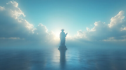 Majestic Statue in Serene Water with Dramatic Cloud Background