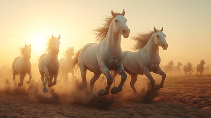 Majestic Horses Galloping in Golden Sunset Background