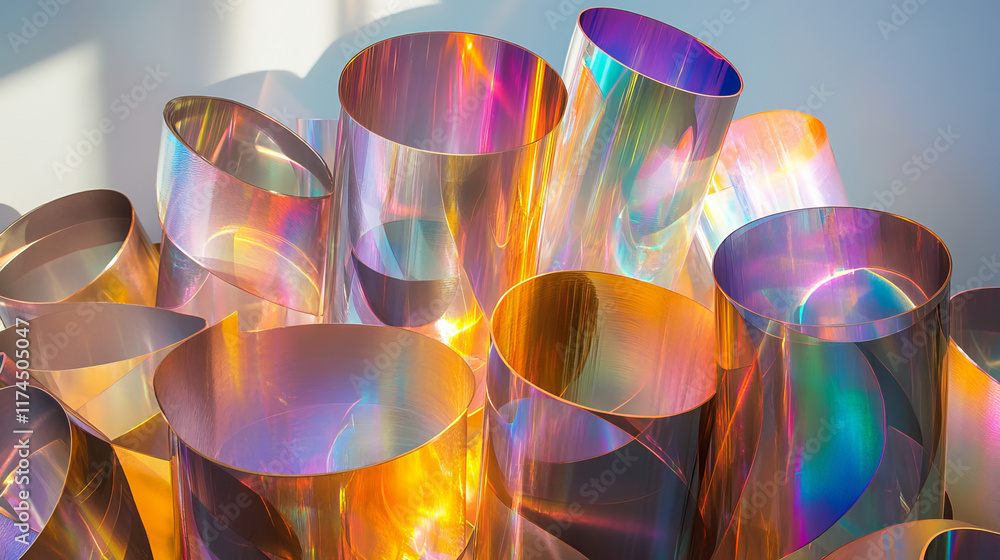 Poster 3d set of holographic round and cylinder shape objects isolated on transparent background. vector re