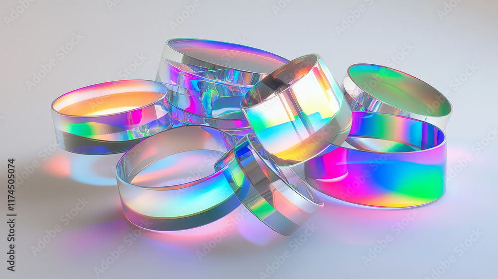 Aufkleber 3d set of holographic round and cylinder shape objects isolated on transparent background. vector re
