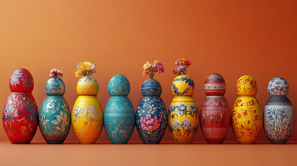 Colorful Decorative Vases with Flowers Against an Orange Background