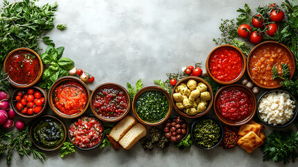 Fresh Ingredients Spread on Grey Background for Culinary Creations