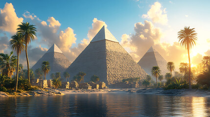 Majestic Ancient Pyramids Surrounded by Tropical Palm Trees