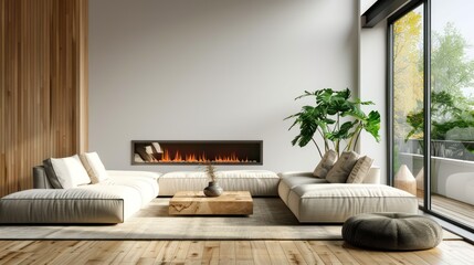 Modern minimalist living room interior with fireplace, AI generated image