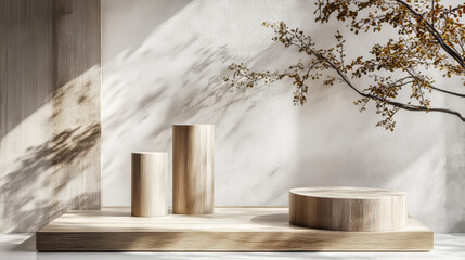 Wooden podium mockup for product display and promotion. Realistic 3d vector illustration set of cylinder and square box goods stage. Promo pedestal template fir natural and eco presentation.