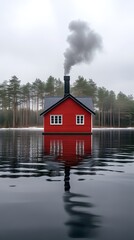 Fototapeta premium Red house on lake with smoke from chimney, winter scene.