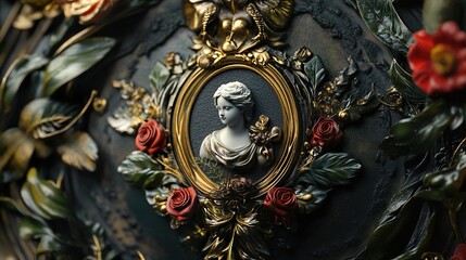 Obraz premium Dark Romantic Sculpture: Roses, Gold, and a Woman's Portrait