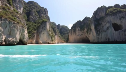 Obraz premium Serene turquoise water laps a secluded tropical beach nestled between dramatic limestone cliffs