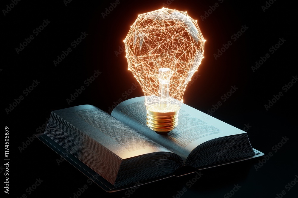 Poster glowing geometric light bulb hovering above open book in dark space