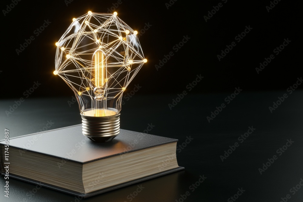 Aufkleber illuminated light bulb with network design on book in dark setting