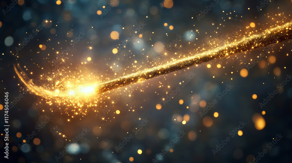 Poster fairy magic golden light trail with bright flash and star dust. realistic vector curve wave line wit