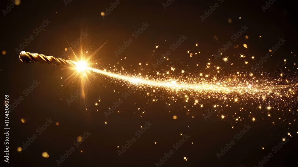 Poster fairy magic golden light trail with bright flash and star dust. realistic vector curve wave line wit