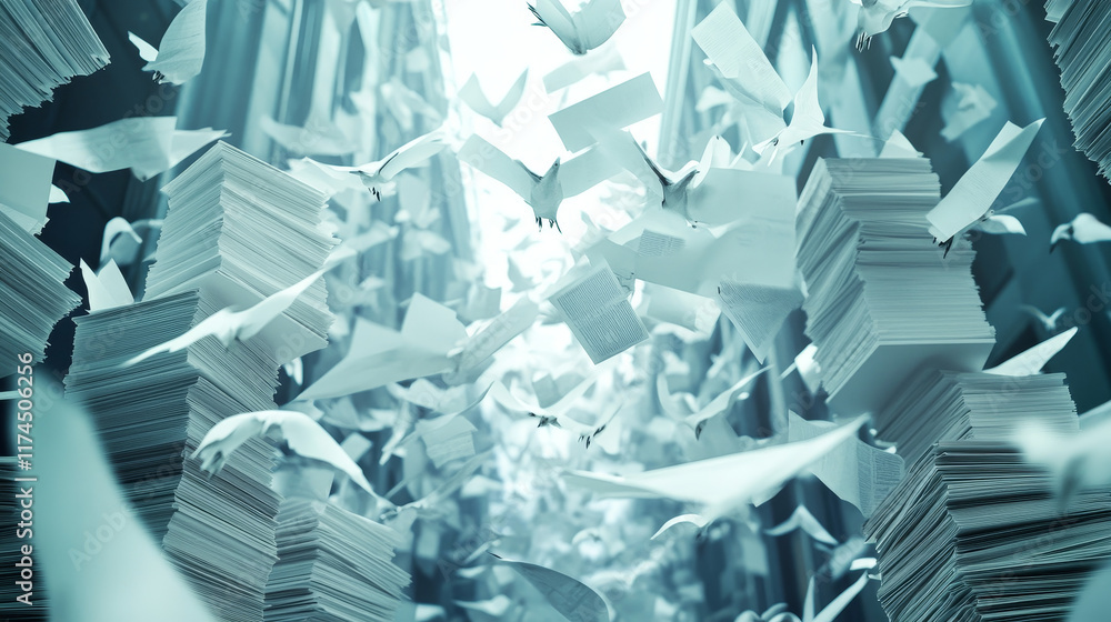 Poster flying white paper sheets from stack of documents. vector realistic illustration of chaotic flight o