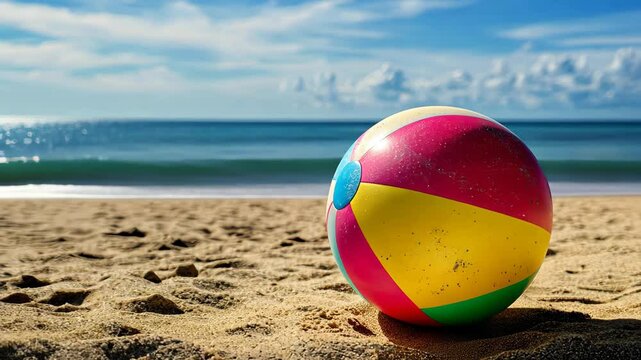 Colorful beach ball resting on sand at sunny oceanfront with clear blue skies and gentle waves, Colorful beach ball with sand on sunny beach, ocean in background