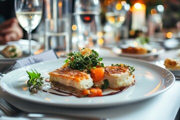 Exquisite dining table with gourmet dishes and wine