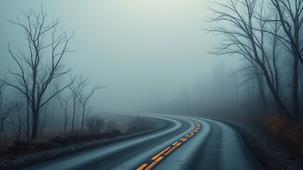 Fototapeta premium Foggy Mountain Road Trip - Serene Landscape, Mystical Vibe