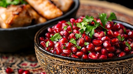 Tropical Growth Ruby, Traditional Middle Eastern Dish with Pomegranate Garnish on Ornate Tablecloth