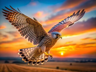 Obraz premium Common Kestrel (Falco tinnunculus) in Flight - Long Exposure Blurred Background