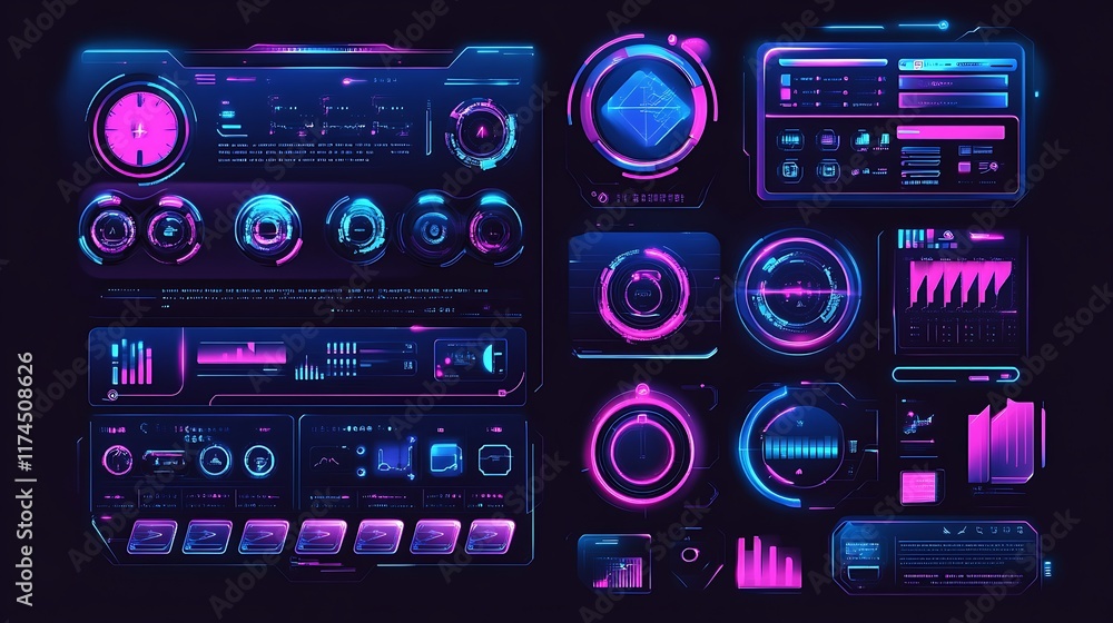 Poster futuristic neon interface displays data graphics