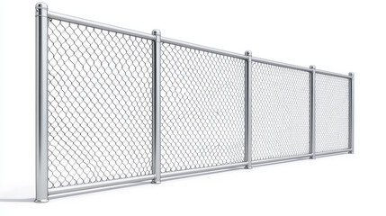 Obraz premium Wire fence, grid with gate. Three segments silver colored fencing, perimeter protection barrier separated with metal steel poles, rabitz isolated on white background. Realistic 3d vector illustration