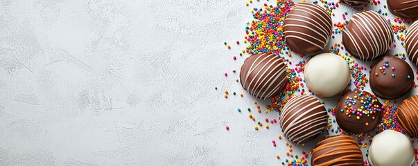 Naklejka premium Delicious Assortment of Chocolate Eggs with Colorful Sprinkles on a Textured Background