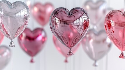 Colorful Heart-Shaped Balloons Hanging from Ceiling in Soft Focus Background for Celebrations or Events