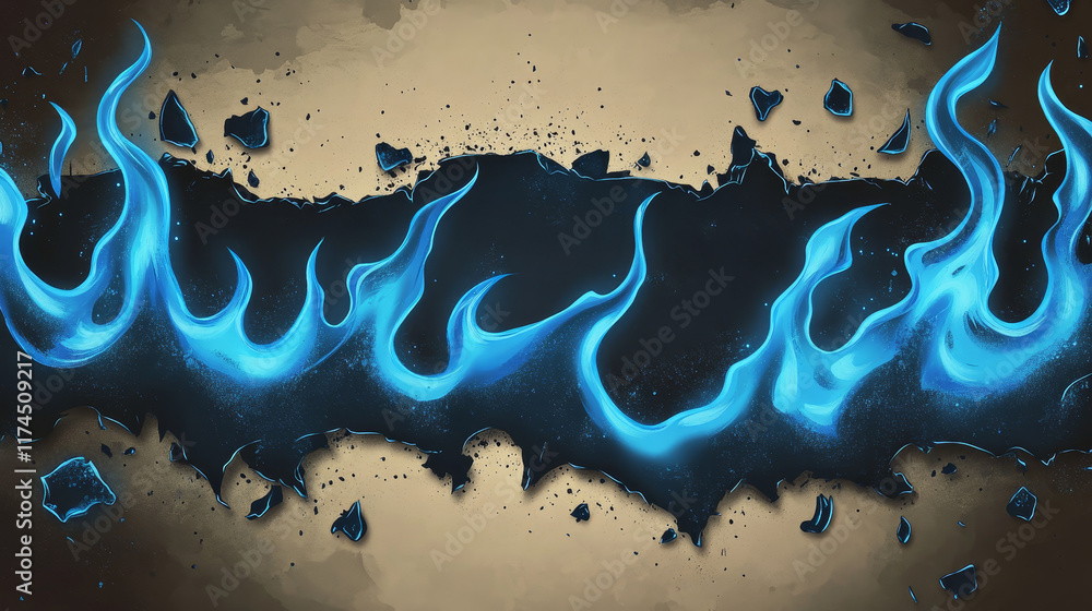 Poster burnt edges and holes in paper with blue fire and black ash. borders and frames from scorched and sm