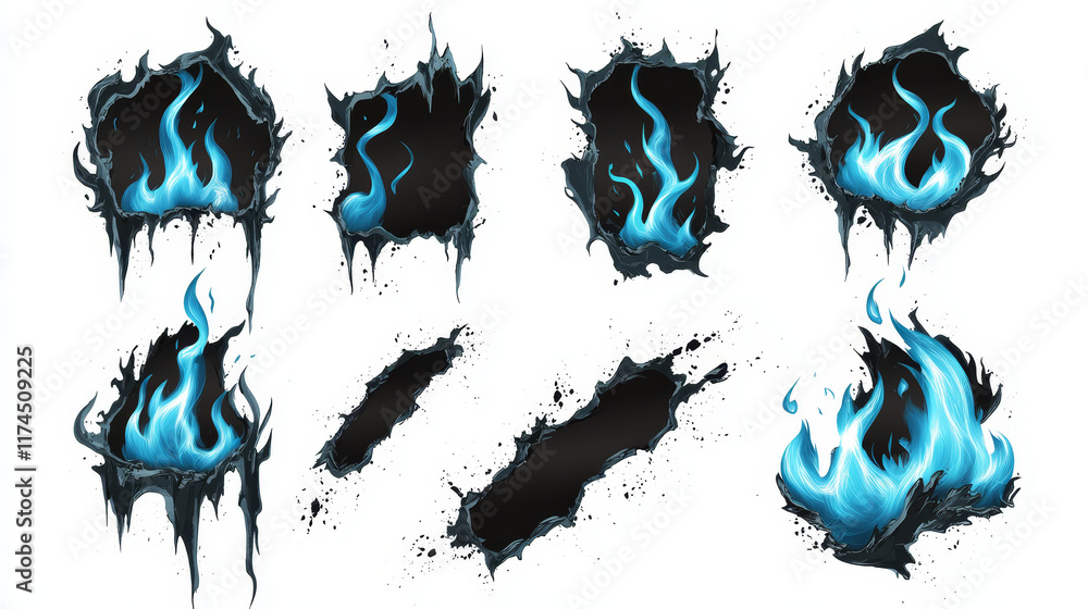 Aufkleber burnt edges and holes in paper with blue fire and black ash. borders and frames from scorched and sm