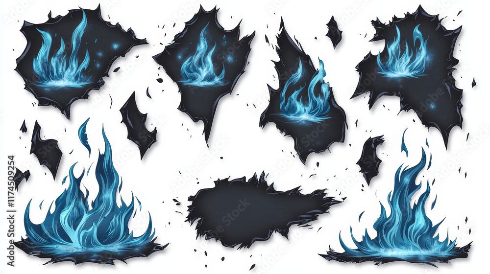 Aufkleber burnt edges and holes in paper with blue fire and black ash. borders and frames from scorched and sm