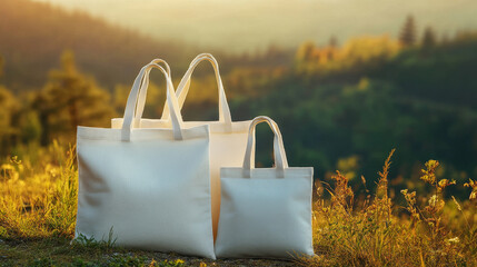 Mockup of tote bags in various shapes and handle lengths. Realistic 3D vector set of white cloth canvas eco shoppers. Blank fabric cotton or linen reusable grocery handbags, ideal for custom designs.
