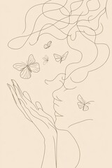 Fototapeta premium A minimal single line art of a woman releasing butterflies from her hands, symbolizing the transformation of negative thoughts into positive energy, hand-drawn style minimalist
