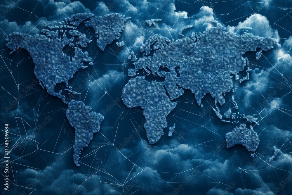 Poster digital world map overlay with cloud background and geometric patterns