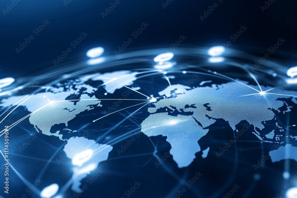 Poster global network connectivity: digital world map with network nodes and connections