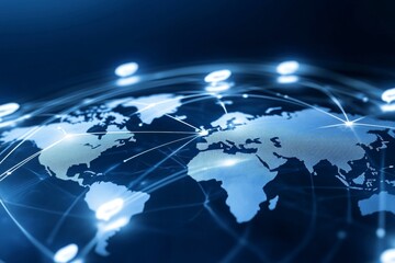 Global network connectivity: digital world map with network nodes and connections