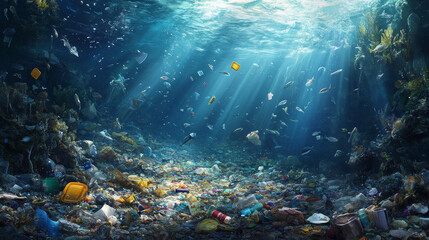 Fototapeta premium Ocean pollution concept with plastic trash and sad puffer fish in bag underwater. Dirty sea bottom landscape with rubbish, litter, bottles, cans and toxic waste, vector cartoon illustration