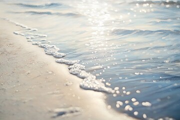 A close-up of the fine sand texture on an empty beach, with ripples and shadows in bright sunlight