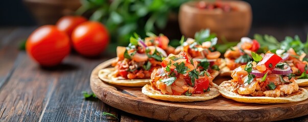 Colorful Fresh Tostadas with Vegetables and Herbs on Wooden Table Ready for Enjoyment